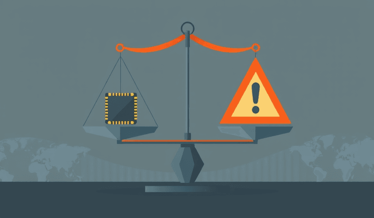 AI 반도체 투자 리스크와 지정학적 불확실성을 상징하는 일러스트