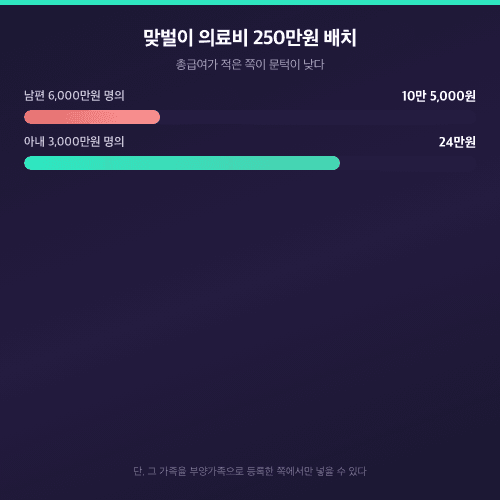 맞벌이 의료비 250만원을 소득이 적은 배우자에게 몰았을 때 공제액 차이