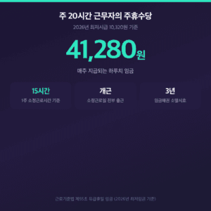 주 20시간 근무자의 주휴수당 41,280원, 2026년 최저시급 10,320원 기준
